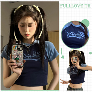 Fulllove crop top เสื้อครอป เสื้อยืดครอปท็อป แขนสั้น เอวสูง เซ็กซี่ สไตล์อเมริกันเรโทร สําหรับผู้หญิง y2k