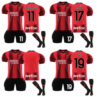 เสื้อกีฬาแขนสั้น ลายทีมชาติฟุตบอล Ibrahimovic Leao Theo Hernandez 2023-24 Season AC Milan ชุดเหย้า สําหรับเด็ก และผู้ใหญ่