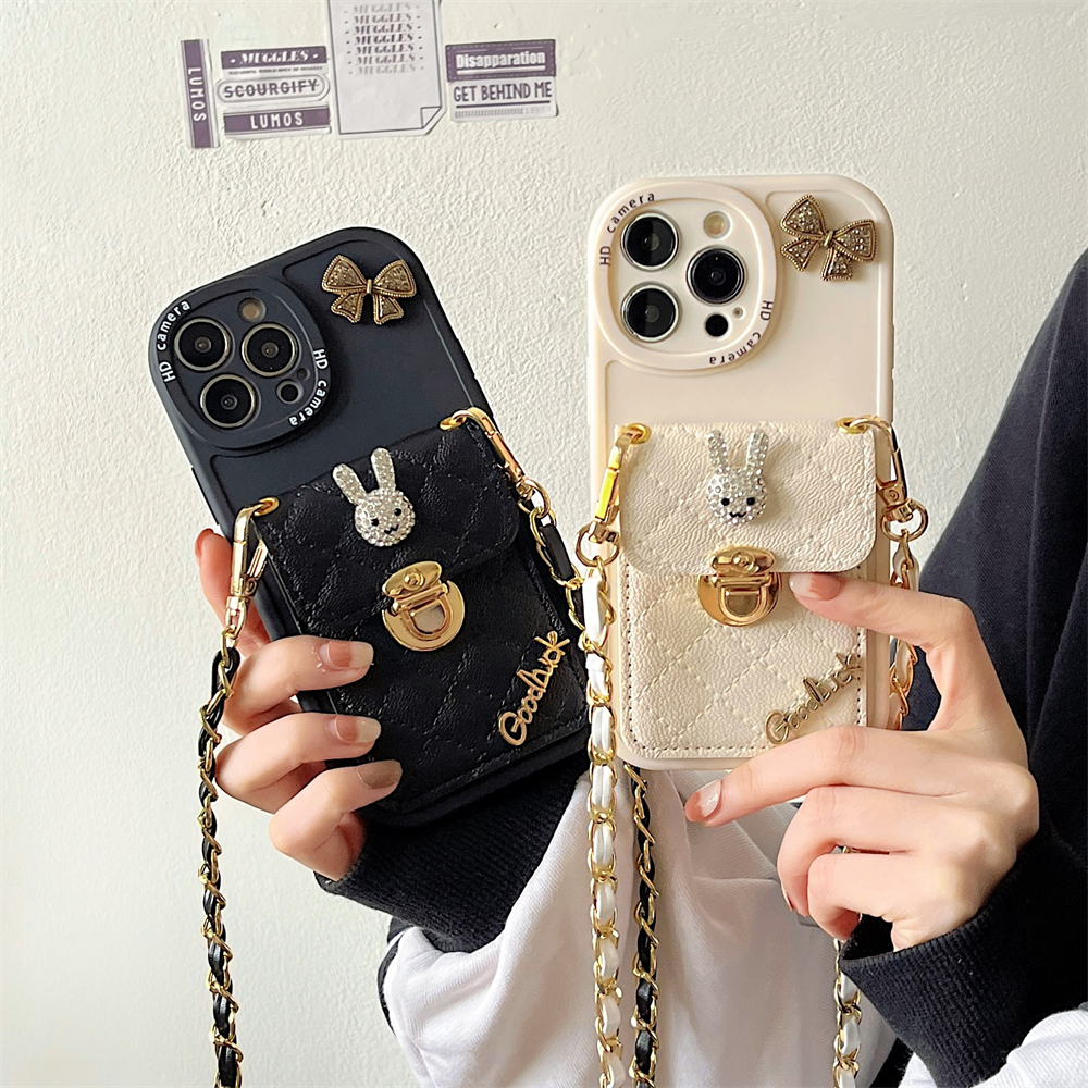 เคสโทรศัพท์มือถือหนัง ลายกระต่ายน่ารัก 3D พร้อมสายคล้องคอ และช่องใส่บัตร สําหรับ iPhone 14 11 12 13 Pro Max XS XR 7 8Plus