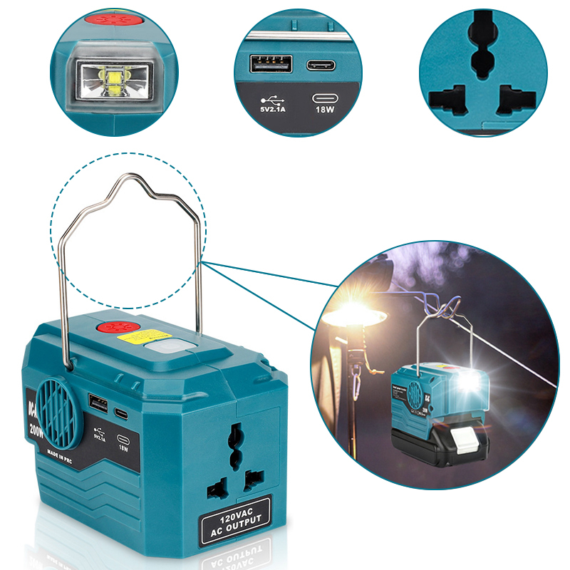 เครื่องแปลงไฟแบบพกพาสำหรับ Makita/Dewalt/Bosch/Milkwaukee/Ryobi 18V 20V แบตเตอรี่ลิเธียมพร้อมตะขออินเวอร์เตอร์ USB และพอร์ต Type-c พร้อมไฟ LED