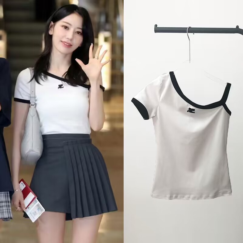 เสื้อยืดแขนสั้น เปิดไหล่ ทรงไม่สมมาตร เซ็กซี่ ลาย Courreges IZONE Miyawaki Sakura Blackpink Jennie ส
