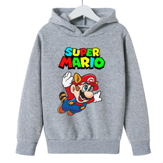 เสื้อกันหนาว คอกลม มีฮู้ด พิมพ์ลายการ์ตูน Super Mario แฟชั่นสําหรับเด็กผู้ชาย และเด็กผู้หญิง