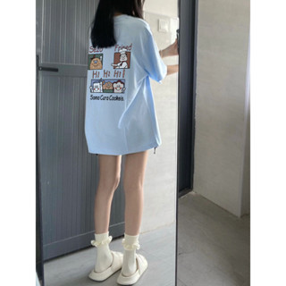 love flower เสื้อยืดแขนสั้น ทรงหลวม สีฟ้านม แฟชั่นสําหรับคู่รัก