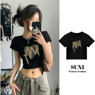 Suxi เสื้อยืด คอกลม แขนสั้น พิมพ์ลาย เรียบง่าย แฟชั่นฤดูร้อน สําหรับผู้หญิง