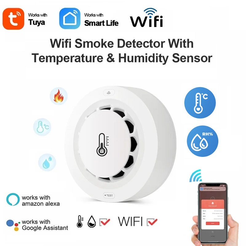 Tuya Smart Life 2 In 1 เครื่องตรวจจับควันไฟ WiFi อุณหภูมิ และความชื้น พร้อม Google Home Alexa