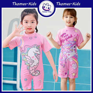 [THOMAS Kids] ชุดว่ายน้ําวันพีช แขนสั้น กันแดด ลายการ์ตูนม้าน้ํา สีชมพู แฟชั่นฤดูร้อน สําหรับเด็กผู้หญิง อายุ 3-12 ปี