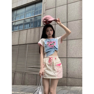 Fashion color matching printed short sleeved t-shirt for women+high waisted drawstring design sense pocket short skirt two-piece set