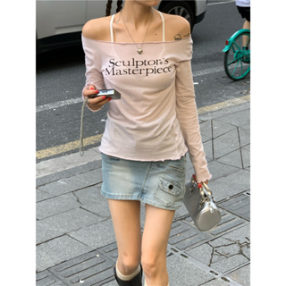 Versatile One Shoulder Light and Thin Spicy Girl Slim Letter Oblique Shoulder Long Sleeve Sun Proof T-shirt