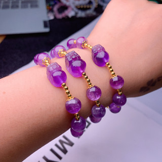 สร้อยข้อมือลูกปัดคริสตัลธรรมชาติ 13 มม. Pixiu piyao Design Amethyst 10 มม. ปรับได้ (260 มม.) คุณภาพสูง สําหรับทุกเพศ