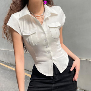 เสื้อเชิ้ตแขนสั้น มีกระเป๋า สําหรับผู้หญิง