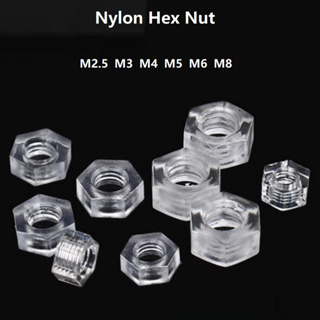 50/100Pcs Transparent   Nylon Hexagon Nut M2 M2.5 M3 M4 M5 M6 M8 M10 M12 Metric Thread Plastic Nut Insulation Hex Nuts Fastener น็อตหกเหลี่ยม ไนล่อนใส