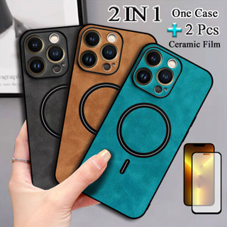 2 IN 1 เคสโทรศัพท์มือถือหนัง ขอบตรง พร้อมตัวดูด สองชิ้น สําหรับ iPhone 13 Pro