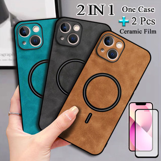 2 IN 1 เคสโทรศัพท์มือถือหนัง เซรามิค แม่เหล็ก หรูหรา พร้อมตัวดูดสองชิ้น สําหรับ iPhone 13