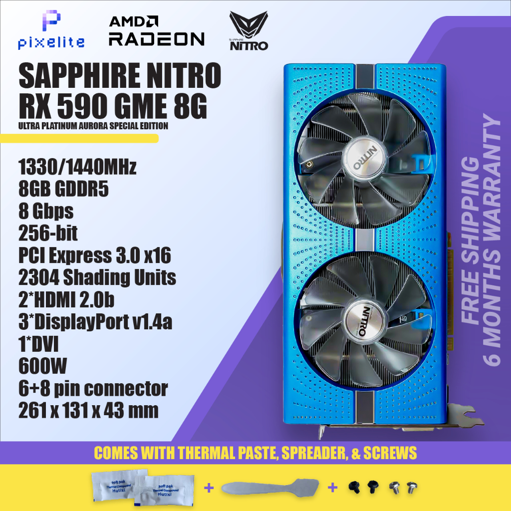 การ์ดจอกราฟฟิค Sapphire RX 590 RX590 GME 2304sp 8G 8GB D5 DUAL FAN AMD GPU มือสอง สภาพดี