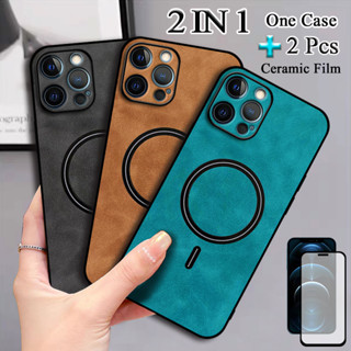 2 IN 1 เคสโทรศัพท์มือถือหนัง ขอบตรง พร้อมตัวดูด สองชิ้น สําหรับ iPhone 12 Pro Max