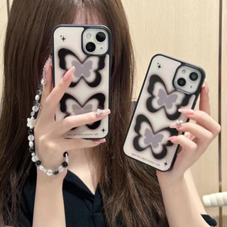 เคสโทรศัพท์มือถือ ลายผีเสื้อ สีดํา พร้อมสายโซ่คล้อง สําหรับ iPhone 11 12 12pro 12promax 13 13pro 13promax 14 14pro 14promax