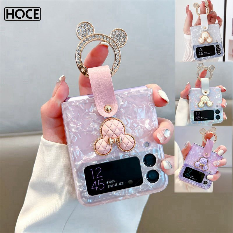 Hoce น่ารัก Mickey หูเงารูปแบบเคสโทรศัพท์สําหรับ Samsung Galaxy zflip5 flip5 Z Flip3 5G Z Flip4 zflip6 Hard PC พร้อมแหวนกรณี Cove