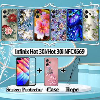 2 IN 1 เคสโทรศัพท์มือถือเซรามิค ทรงโค้ง ลายดอกไม้ พร้อมกระจกนิรภัย สําหรับ Infinix Hot 30i Hot 30i NFC X669