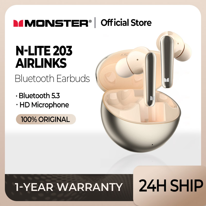Monster N-Lite 203 AirLinks In-Ear หูฟังบลูทูธ bluetooth 5.1 พร้อมไมโครโฟน กันน้ํา สเตอริโอ AI ตัดเสียงรบกวน IPX5 หูฟังกันน้ำ