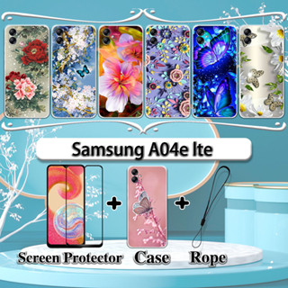 เคส 2 IN 1 สําหรับ Samsung A04e lte เคสพร้อมกระจกนิรภัยโค้งเซรามิกป้องกันหน้าจอดอกไม้