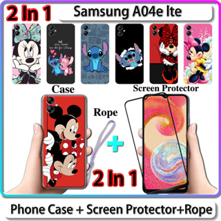 2 IN 1 เคส สําหรับ Samsung A04e lte เคส พร้อมกระจกนิรภัยโค้ง ป้องกันหน้าจอเซรามิค การออกแบบสติช และมินนี่