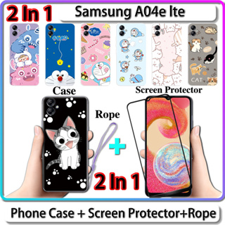 2 IN 1 เคส สําหรับ Samsung A04e lte เคส พร้อมกระจกนิรภัย โค้ง เซรามิก ป้องกันหน้าจอ แมว และโดราเอมอน ออกแบบ