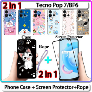 2 IN 1 เคส สําหรับ Tecno Pop 7 BF6 เคส พร้อมกระจกนิรภัย โค้ง เซรามิค ป้องกันหน้าจอ แมว และโดราเอมอน