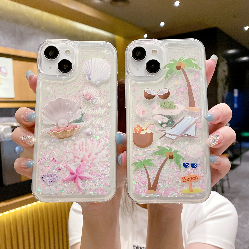 Iphone 16 15 14 Plus 12 Mini 11 Pro Max 13 6 6S 7 8 Plus X XR SE 2020 Coconut Tree Pearl Patterned Glitter Liquid Bling Quicksand Clear Soft TPU Case Cover