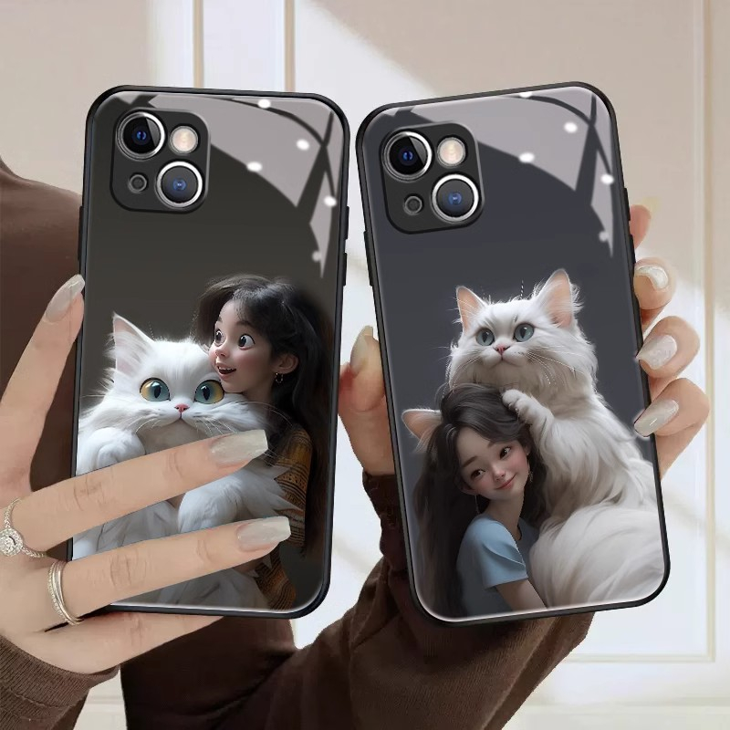 Zz เคสโทรศัพท์มือถือแบบแก้ว ลายแมว และเด็กผู้หญิง Diy สําหรับ iPhone 11 pro 14 Promax 6s plus 13 12 mini XS max XR 7plus 8 SE X