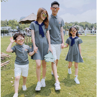 ชุดครอบครัว เสื้อยืดโปโล สีเทา เหมาะกับคู่รัก สําหรับผู้ชาย และผู้หญิง