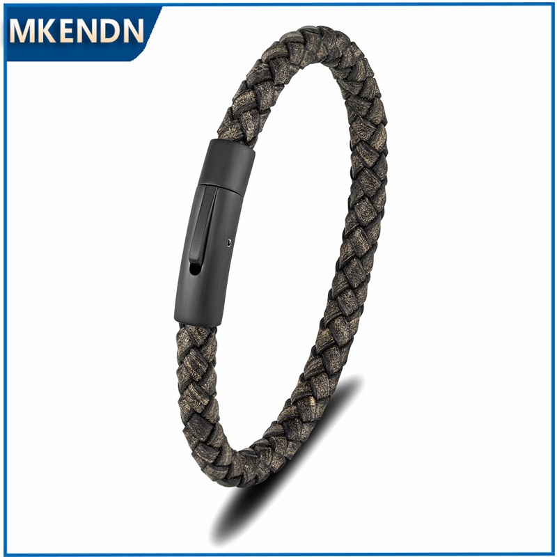 Mkendn Minimalist Men Braided Blue Leather Bracelet Matte Black Stainless Steel Buckle Jewelry Homme Pulseras