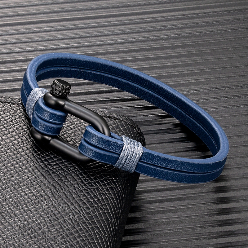 Mkendn ผู้ชายผู้หญิง U-shape Shackle สร้อยข้อมือ Handmade Multilayer สร้อยข้อมือหนังสีดําสแตนเลสกีฬาหัวเข็มขัดกลางแจ้งสไตล์