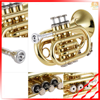 Ready Stock  Mini Pocket Trumpet Bb Flat Brass Wind Instrument with Mouthpiece Gloves Cleaning Cloth Carrying Case