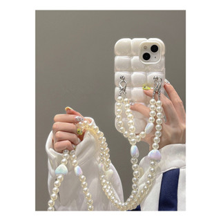 เคสโทรศัพท์มือถือ ทรงสี่เหลี่ยม ประดับไข่มุก พร้อมสายสะพายข้าง สําหรับ iPhone 14 13 12 Pro Max i11
