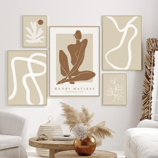 โปสเตอร์ภาพวาดผ้าใบ พิมพ์ลาย Boho Abstract Matisse Beige สีขาว สไตล์มินิมอล สําหรับตกแต่งบ้าน ห้องนั่งเล่น