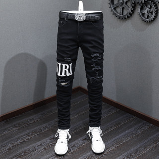 TRENDAMIRI Street Fashion Men Jeans Black Elastic Tight Fit Hole Patch Jeans Designer Same Style Men Hip Hop Denim Pants