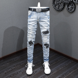 TRENDAMIRI High quality men jeans retro blue elastic slim fit torn jeans men patch designer same hip-hop punk denim pants