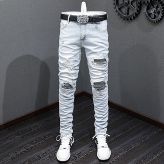 TRENDAMIRI High Street Fashion Men Jeans Vintage Blue Elastic Tight Patch Designer Same Style Men Hip Hop Jeans