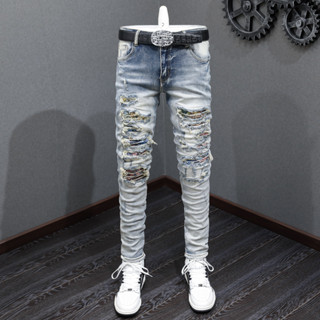 AMIRI High quality street fashion men jeans blue retro tight elastic patch designer same hip-hop men jeans