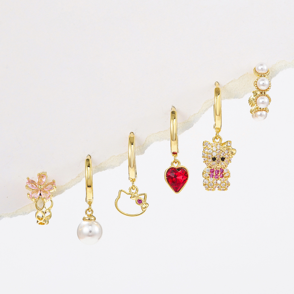 ชุดต่างหูห่วง ทอง 18k จี้ไข่มุก หมี เครื่องประดับ 6 ชิ้น