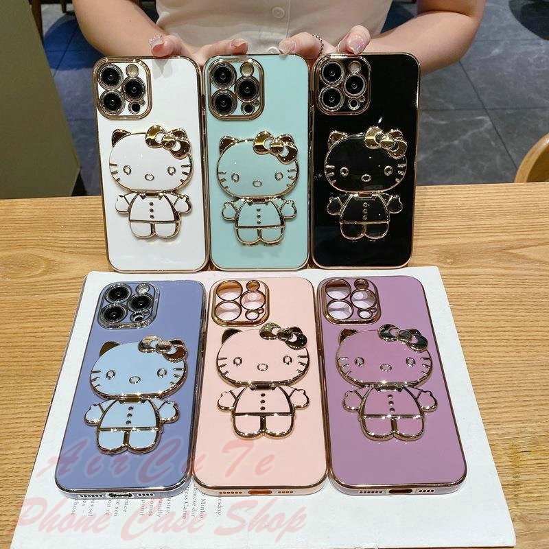 เคส Xiaomi Redmi Note 10 10S 9 9S 8 7 Pro 4G 5G Redmi 10 10C 10A 9 9A 9T 9C MI Redmi10 2022 Plating Hello Kitty Cosmetic Mirror Stand Soft Case
