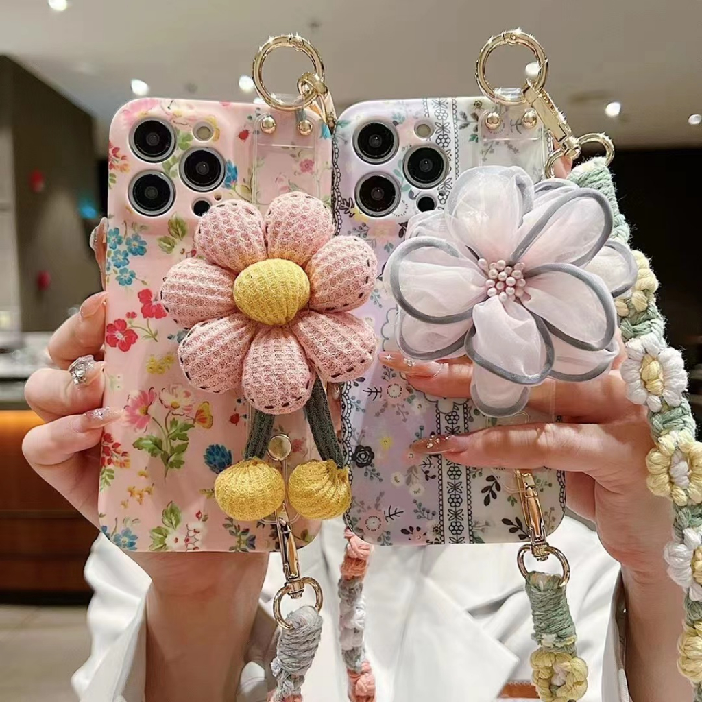สวยงาม ดอกไม้ถักไหม แถบข้อมือ เคส Samsung Galaxy S23 Ultra S23 Plus S23 S22 Ultra S22 Plus S22 S21Ultra S21+ S21FE A12 A13 A14 A22 A32 A52 A52S A53 A23 A54 5G Case เคสโทรศัพท์ใหม่ เชือกถัก สายห้อย วางสาย ซิลิโคนอ่อนนุ่มป้องกันการตก เคสมือถือซัมซุง