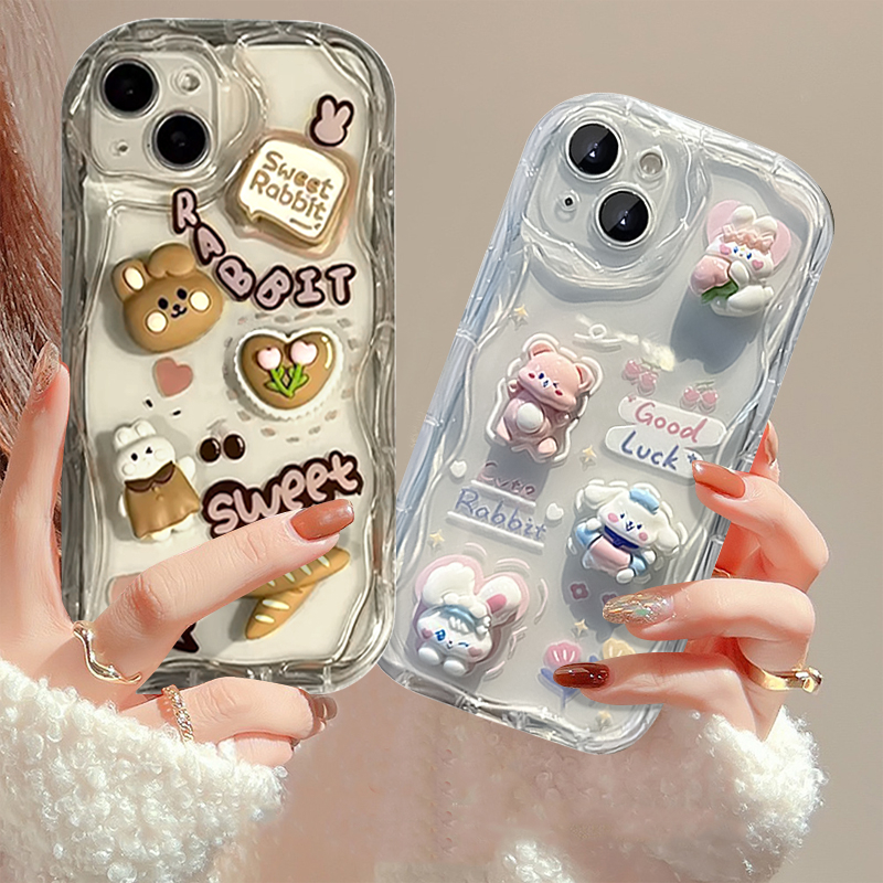 ตุ๊กตากระต่าย ลูกสุนัข 3D ขอบโค้ง สําหรับ Oppo A17 A15 A57 A16 A5s A12 A17k A5s A7 A95 A55 A3s A54 A1k A5 A54s A9 A74 A16K A31 A77 A16E A53 A96 A92 A76 A77s A52 DIY เคส