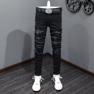 TRENDAMIRI Street Fashion Men Jeans Black Elastic Tight Beaded Patch Designer Style Nightclub Hip Hop Men Denim Pants