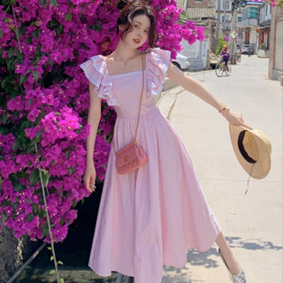 ชุดเดรสแม็กซี่ยาว ทรงเอ เข้ารูป สีชมพู แฟชั่นฤดูร้อน สําหรับผู้หญิง ใส่ไปทะเล ดินเนอร์ ออกเดท