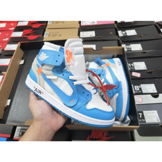 Off-white co-branded air Jordan 1 retro high og deconstructed high state รองเท้าบาสเก็ตบอลลําลอง ระบายอากาศ สีฟ้า