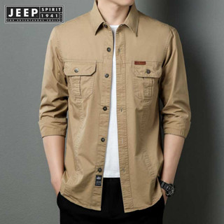 Jeep SPIRIT 1941 ESTD เสื้อเชิ้ตแขนยาวลําลอง ผ้าฝ้าย ทรงหลวม สไตล์วินเทจ สําหรับผู้ชาย