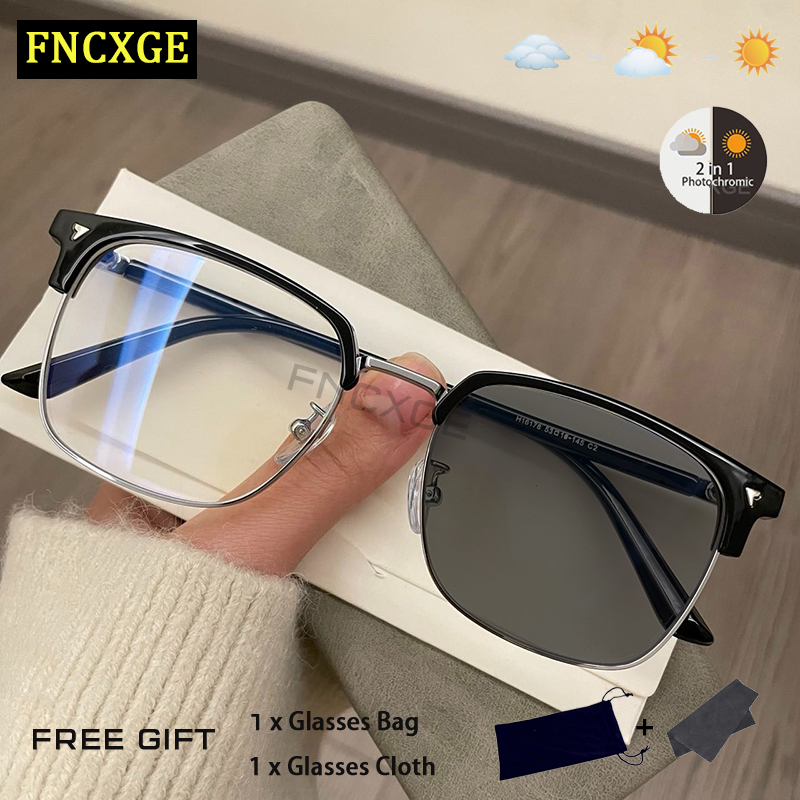 Fncxge โฟโตโครมิก ป้องกันรังสี สายตาสั้น แว่นตาสําหรับผู้หญิง ผู้ชาย แว่นตากันแดด กรอบแว่นตา เปลี่ยนเลนส์ได้ แว่นตาคอมพิวเตอร์ ป้องกันแสงสีฟ้า แบบดั้งเดิม