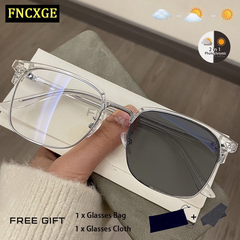 Fncxge โฟโตโครมิก ป้องกันรังสี สายตาสั้น แว่นตาสําหรับผู้หญิง ผู้ชาย แว่นตากันแดด กรอบแว่นตา เปลี่ยนเลนส์ได้ แว่นตาคอมพิวเตอร์ ป้องกันแสงสีฟ้า แบบดั้งเดิม