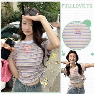 Fulllove เสื้อครอปไหมพรมลายทาง เสื้อครอปแขนสั้น y2k crop top